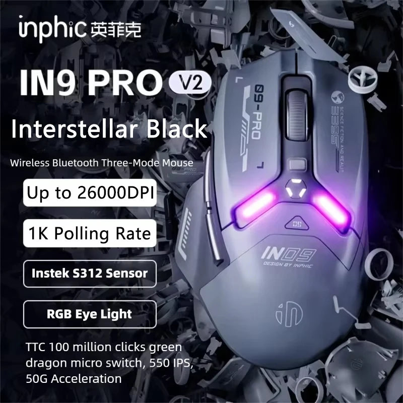 Mouse da gaming wireless Inphic IN9PRO 26000DPI 8K Polling Rate Bluetooth 5.0 cablato 2.4G tri-mode RGB ergonomico