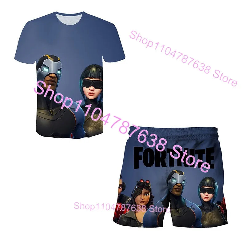 Conjunto Infantil 2 Peças F-Fortnited Victory 3D, T-shirt e Calções para Meninas e Meninos, Roupa Battle Royale, T-shirts Harajuku Hero