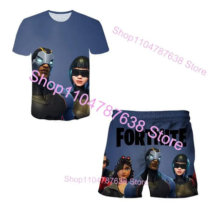 Conjunto Infantil 2 Peças F-Fortnited Victory 3D, T-shirt e Calções para Meninas e Meninos, Roupa Battle Royale, T-shirts Harajuku Hero