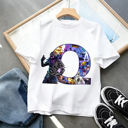 T-shirt Infantil Branco Fortnite com Estampado Alfabeto A-Z — Roupa de Verão, Jogo de Desenhos Animados Popular, Manga Curta Casual, Presente de Moda