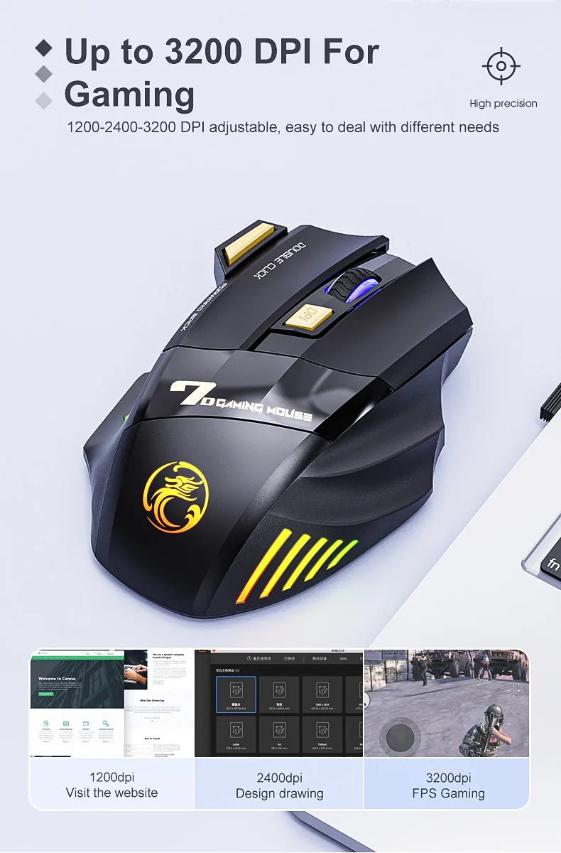 Rato Gaming Sem Fios USB IMICE GW-X7 3200DPI Modo Duplo Recarregável 7 Teclas 2.4Ghz Rato Silencioso Bluetooth LED Respirante de 7 Cores
