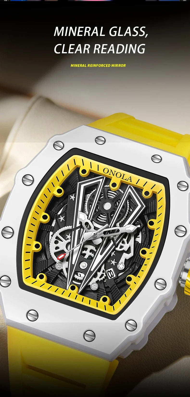 Gift Box Watches for Man ONOLA 3826W Trend White Men Watch Tonneau Calendar Waterproof Silicone Strap Relogios Masculino