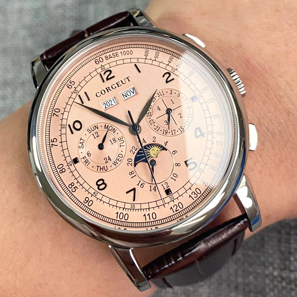 Automatické hodinky pro muže Multification, datum, den, měsíc, rok, mechanické pánské hodinky z 316L s leštěným pouzdrem, ukazatelem den/noc, 42mm