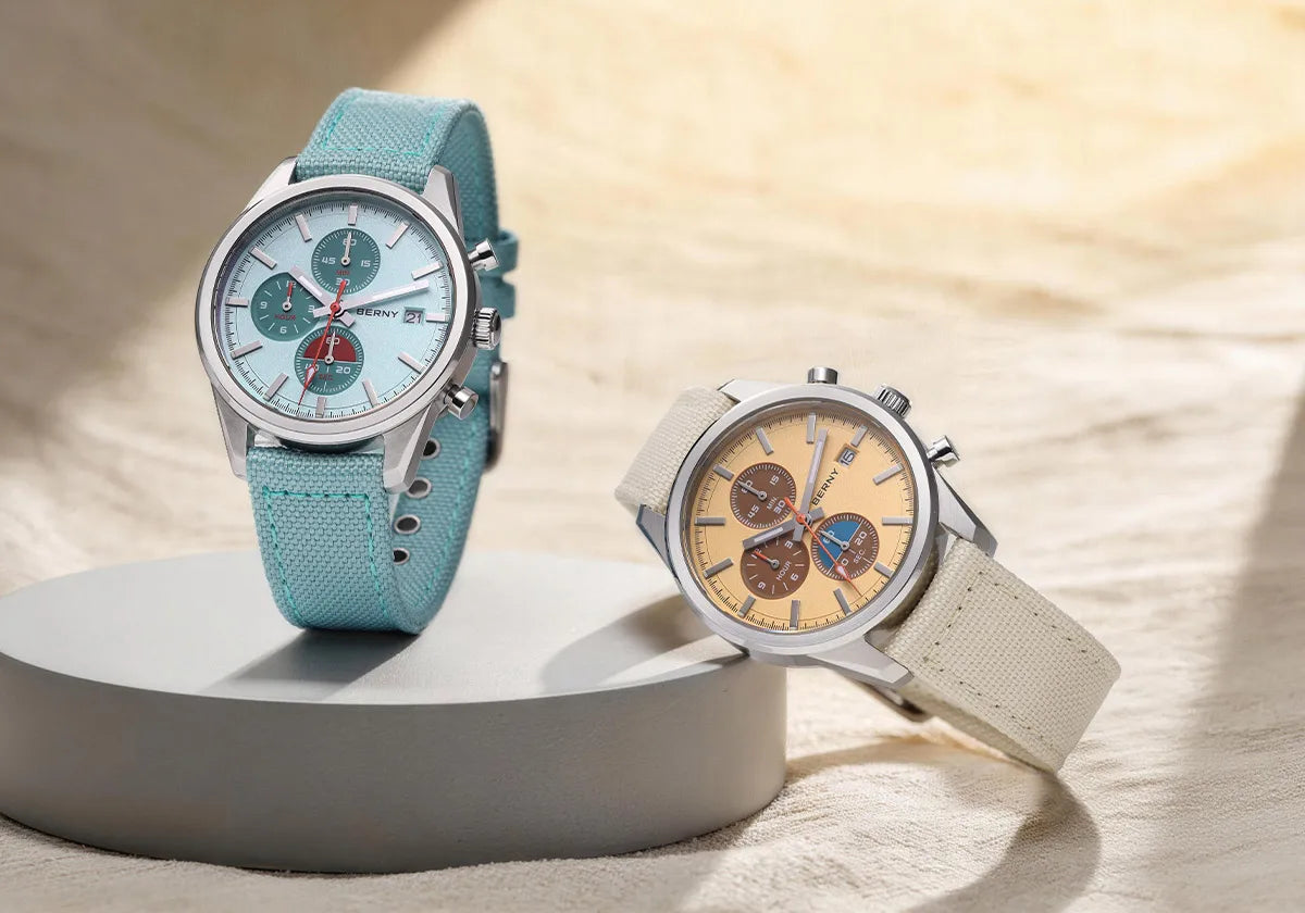BERNY Chronograph Watch for Men/Women 37mm Dial Woven Fabric Sapphire AR Coated 5ATM Fashion Sport Calendar 316L Couple Watch