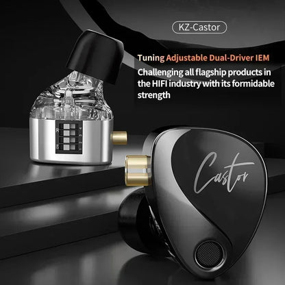 KZ Castor Wired Earbuds HiFi Bass Earphones with Dual Dynamic Drivers, Tunable Balanced Armature In-Ear Headphones, High Resolution Audio Earbuds