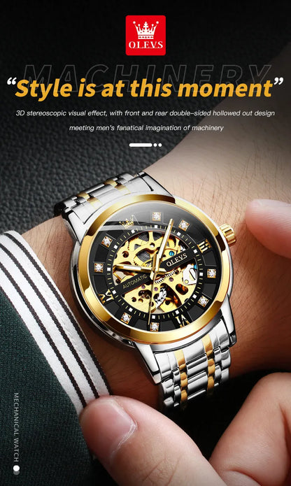 OLEVS 9901 Mens WatchLuxury Hollowing Mechanical Wristwatch Waterproof Luminous Stainless Steel Fashion Automatic Watch For Man
