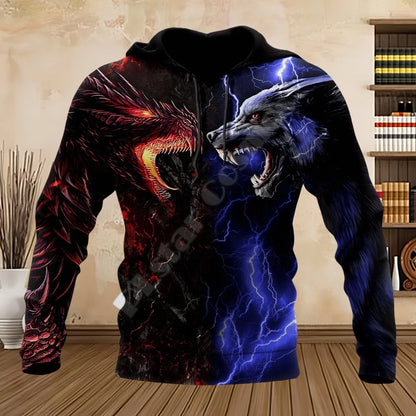 Sweatshirts com Dragão Tatuado, Estampado 3D, para Primavera e Outono, Hoodies com Capuz para Homem, Manga Comprida, Unissexo, Streetwear Casual para Homem