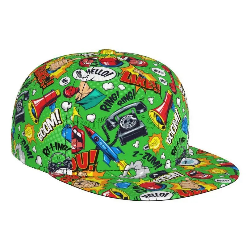 Farverig baseballcap med graffitikunst-print, justerbar snapback-kasket til mænd og kvinder, unisex hiphop-kasketter med flad skygge