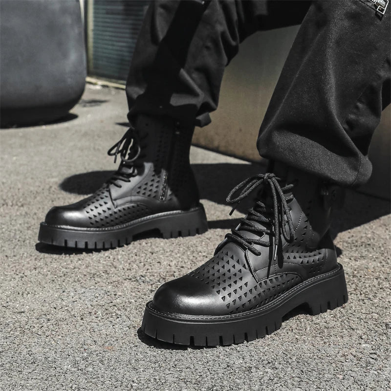 Non-Slip Men's High Top Casual Leather Shoes Street Style Motorcycle Boots New Stylish Ankle Boots Thick Bottom Walking Footwear