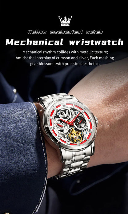 OLEVS 6670 Mens Watch Luxury Brand Skeleton Mechanical Watch Moon Phase Stainless Steel Watches For Man Gifts Box High Quality