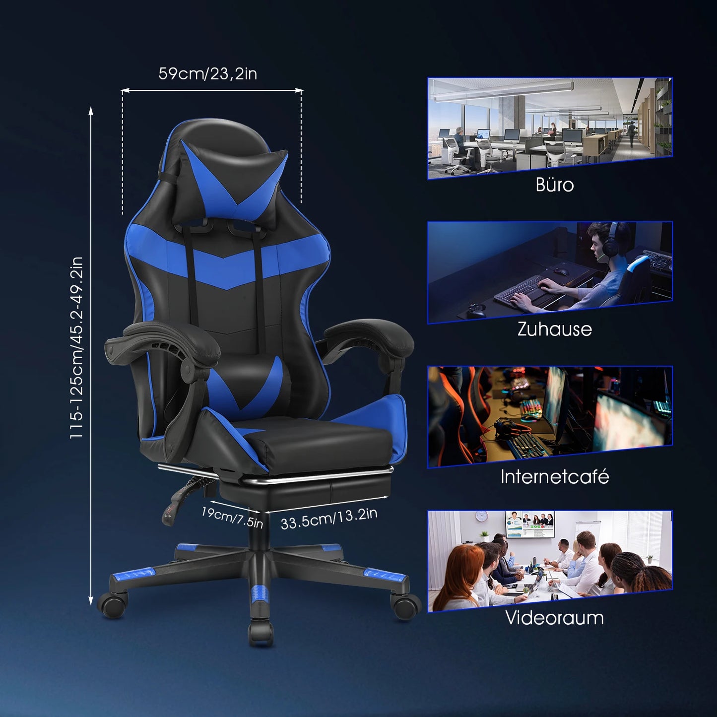 Gaming Massage Chair, Computer Chair + Footrest and Lumbar Support, Height Adjustable Gaming Chair + 360°-Swivel Seat + Headrest