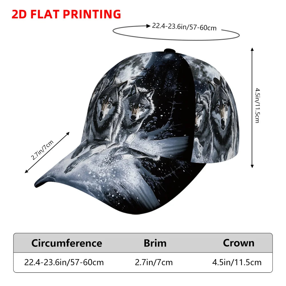 Classic Baseball Cap Featuring a 2D Flat Print of Wolves Under a Full Moon a Lightweight Adjustable Duckbill Hat