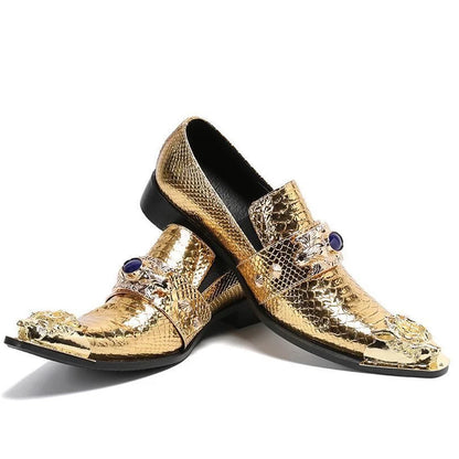 Men Luxury White Gold Metal Toe Oxford Elegant Loafers Slip On Dress Shoes Formal Wedding Party PU Leather Shoes Size 38-46