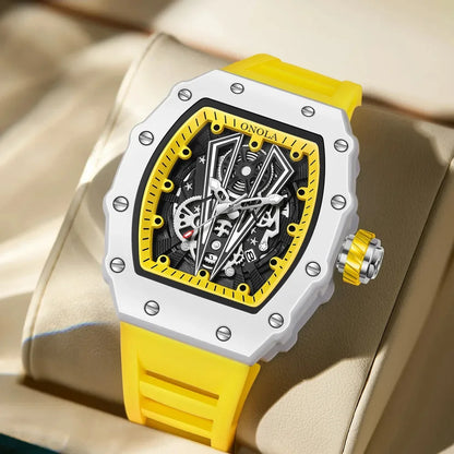 Gift Box Watches for Man ONOLA 3826W Trend White Men Watch Tonneau Calendar Waterproof Silicone Strap Relogios Masculino