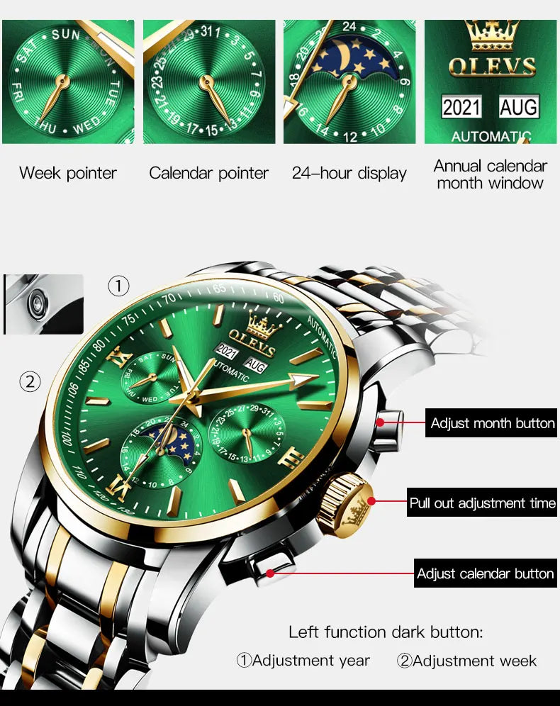 OLEVS 6633 Luxury Men's Watches Automatic Green Watch Men Stainless Steel Waterproof Business Sport Mechanical Wristwatch 6633