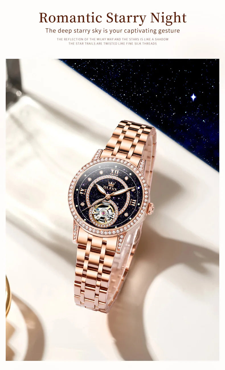 OLEVS Brand Fashion Women Mechanical Watches Starry Sky Dial Diamond Automatic Wristwatch Ladies Waterproof Luminous Clock Women