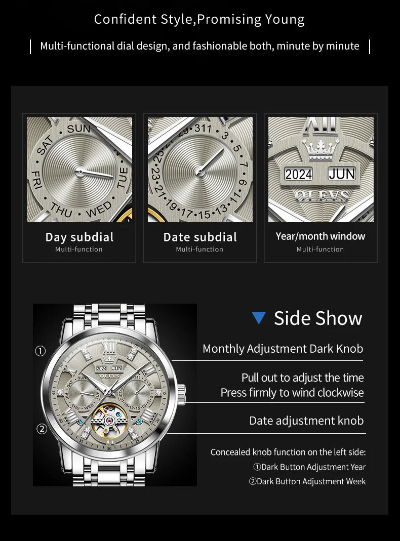 OLEVS 6701 Men's Watch Luxury Waterproof Auto Date Mechanical Watch For Men Hollow Skeleton Diamond Wristwatch Luminous Clock