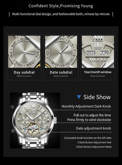 OLEVS 6701 Men's Watch Luxury Waterproof Auto Date Mechanical Watch For Men Hollow Skeleton Diamond Wristwatch Luminous Clock
