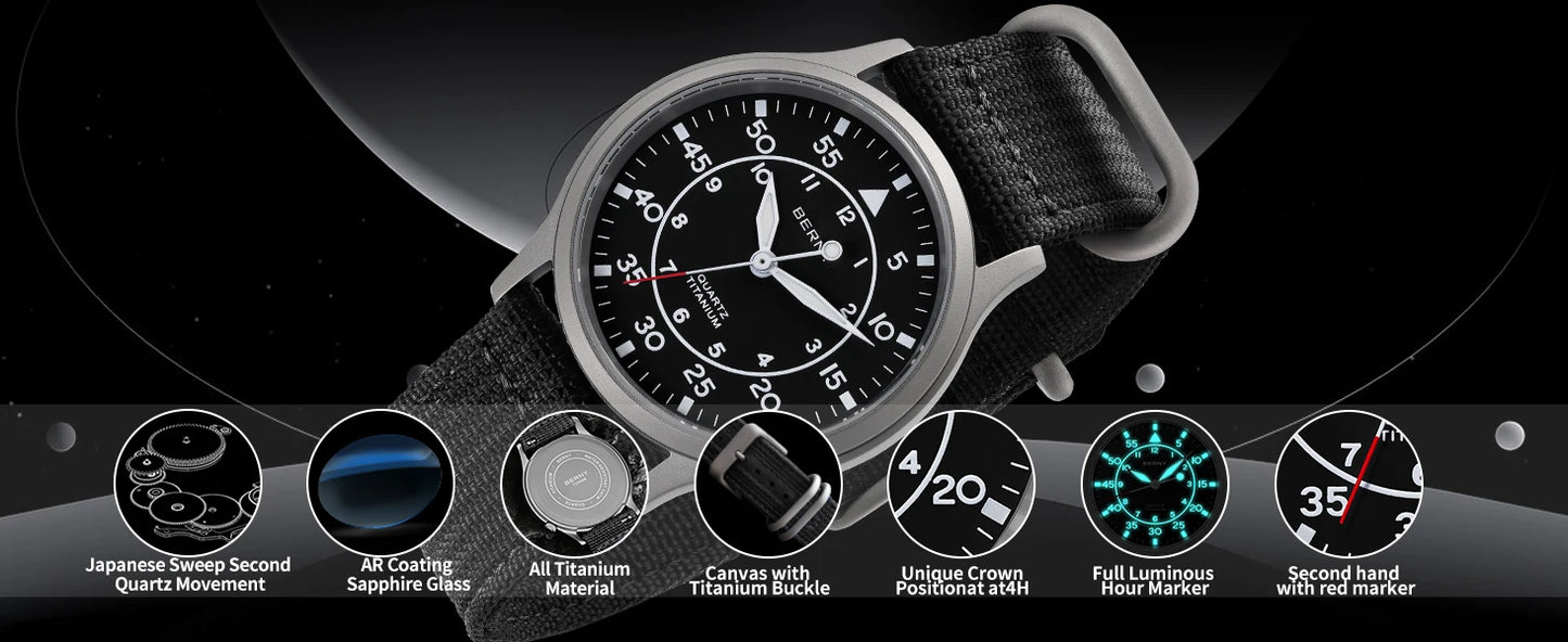 BERNY Titanium Watch For Men AR Coating Sapphire Fashion Wristwatch Luminous VH31 Ultra-thin Quartz Watch Waterproof 5ATM Watch