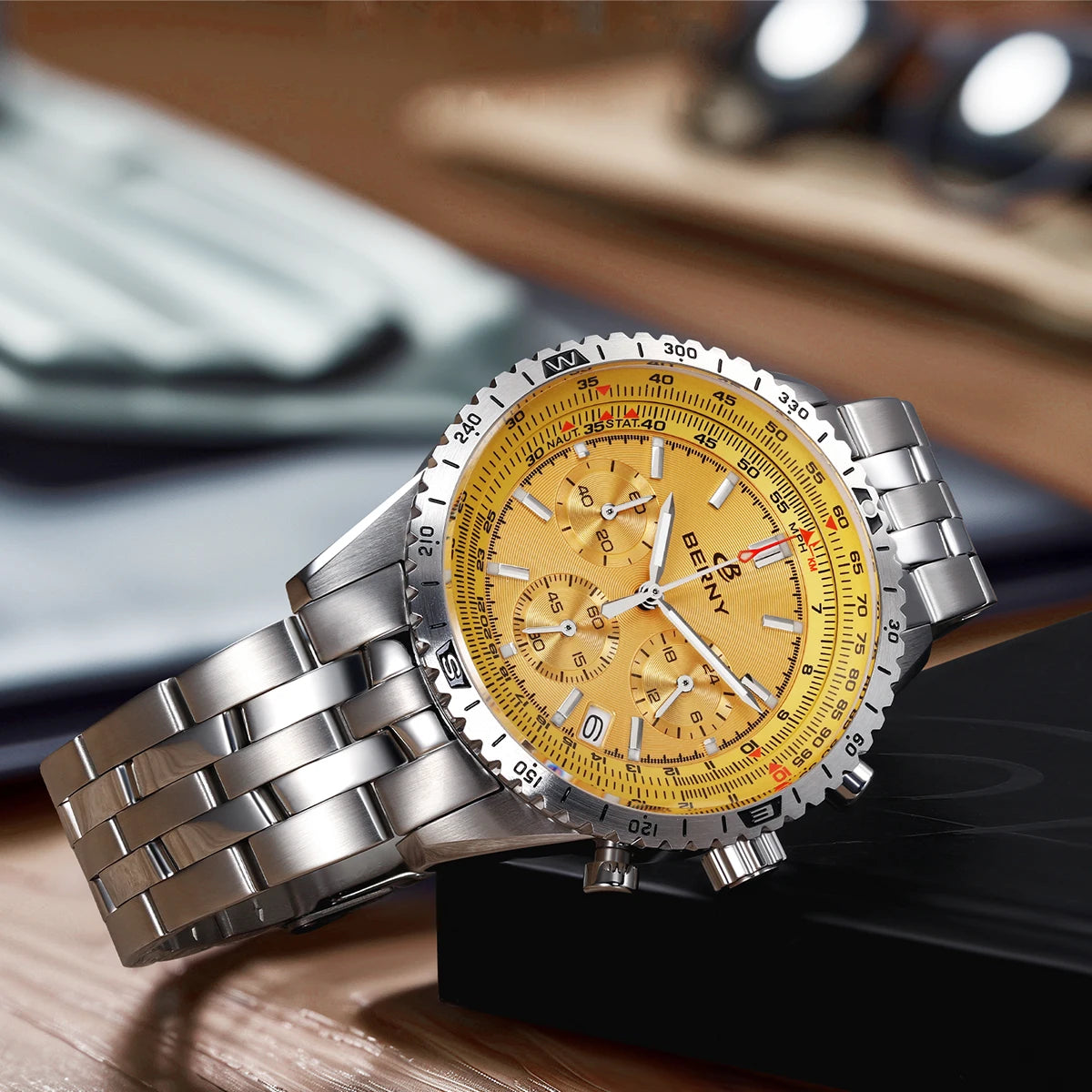 BERNY Aviation Men's Watches Quartz Chronograph Watch Date Sapphire Super Luminous Luxury Brand Dress Man Wristwatch
