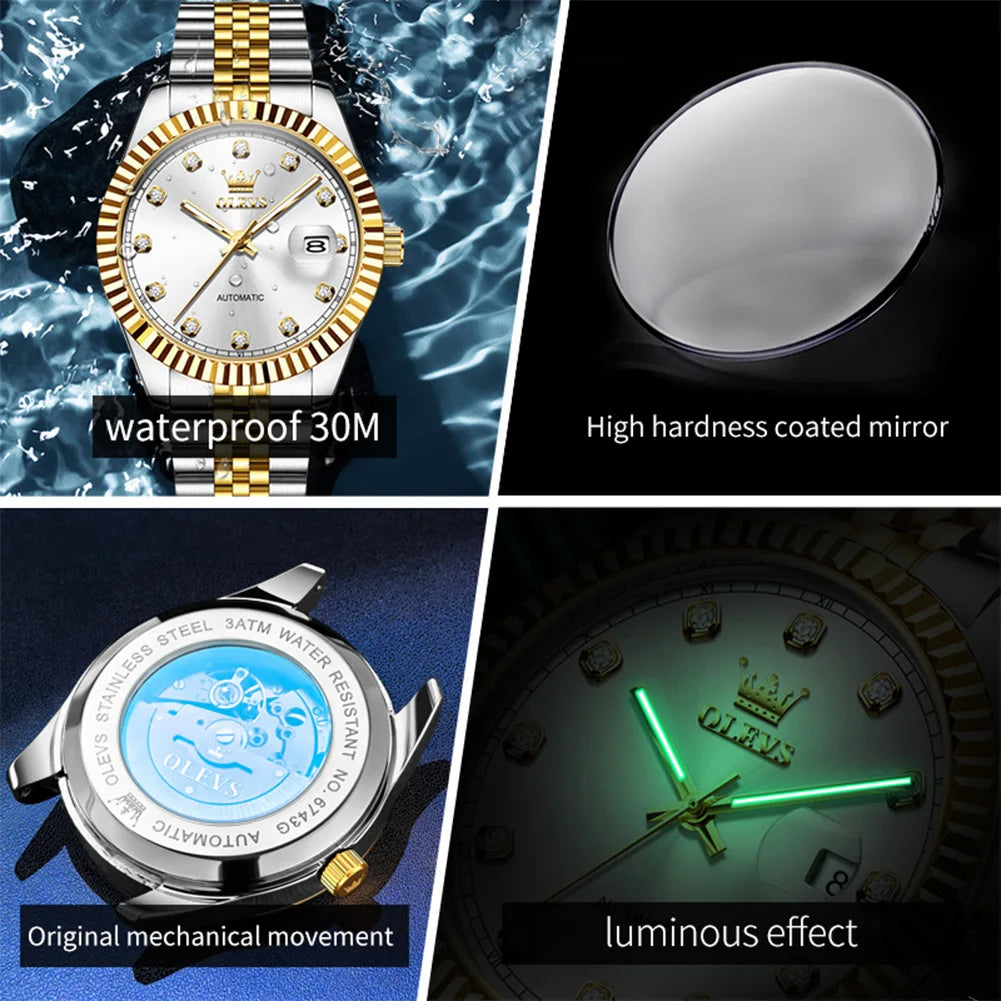 OLEVS New Automatic Watches Man Original Luxury Diamond Dial Stainless Steel Waterproof Auto Date Mechanical Watch for Men 6743