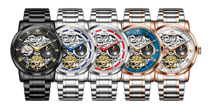 OLEVS 6670 Mens Watch Luxury Brand Skeleton Mechanical Watch Moon Phase Stainless Steel Watches For Man Gifts Box High Quality