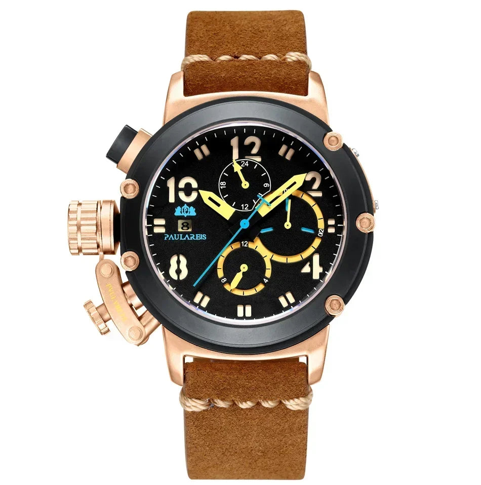 Automatic Watches for Men Mechanical Self Wind Genuine Leather Multifunction Date Boat Month Gold Bronze U Reloj Hombre Baratos
