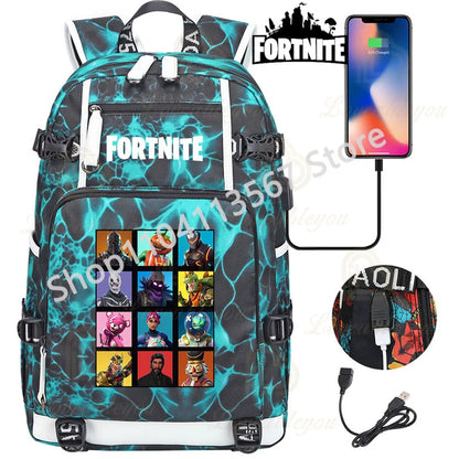 Mochila Red Jade F-Fortnited Battle Royale com carregamento USB, figuras anime e compartimento para material escolar para estudantes