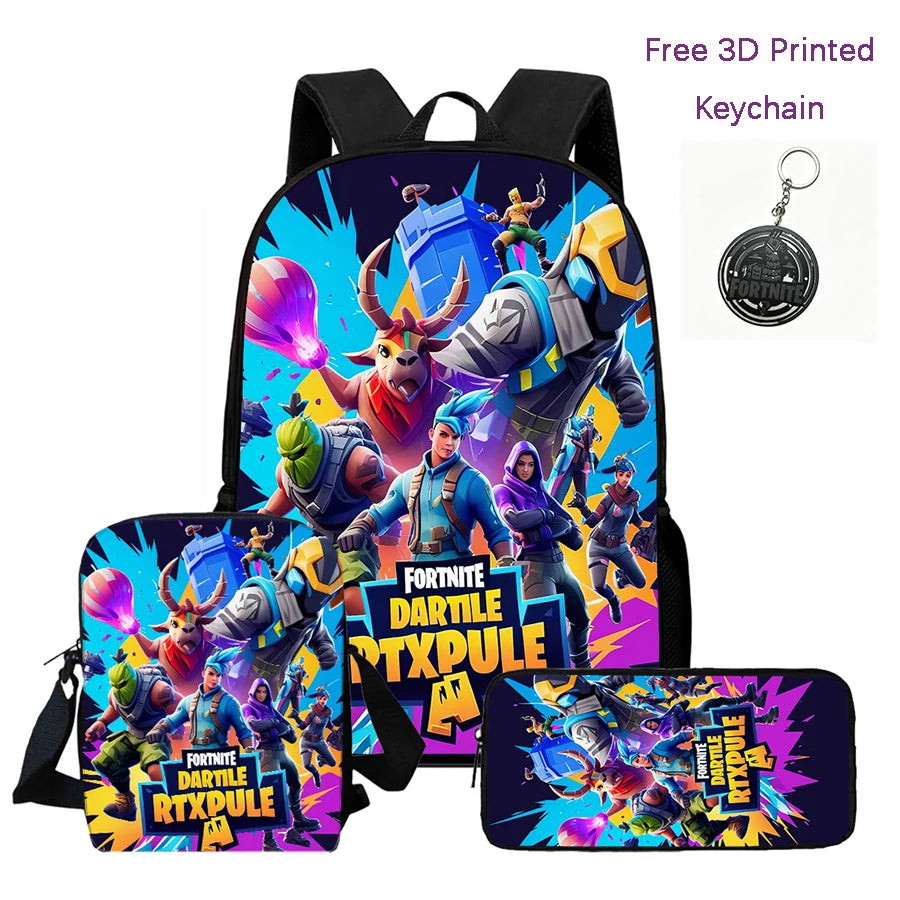 3Pcs Kids Backpack Set, Crossbody & Pencil Bag, FORTNITE Cartoon Bag, Lightweight for Boys Girls 6-10, Free 3D Printed Keychain