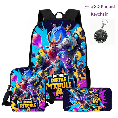 3Pcs Kids Backpack Set, Crossbody & Pencil Bag, FORTNITE Cartoon Bag, Lightweight for Boys Girls 6-10, Free 3D Printed Keychain