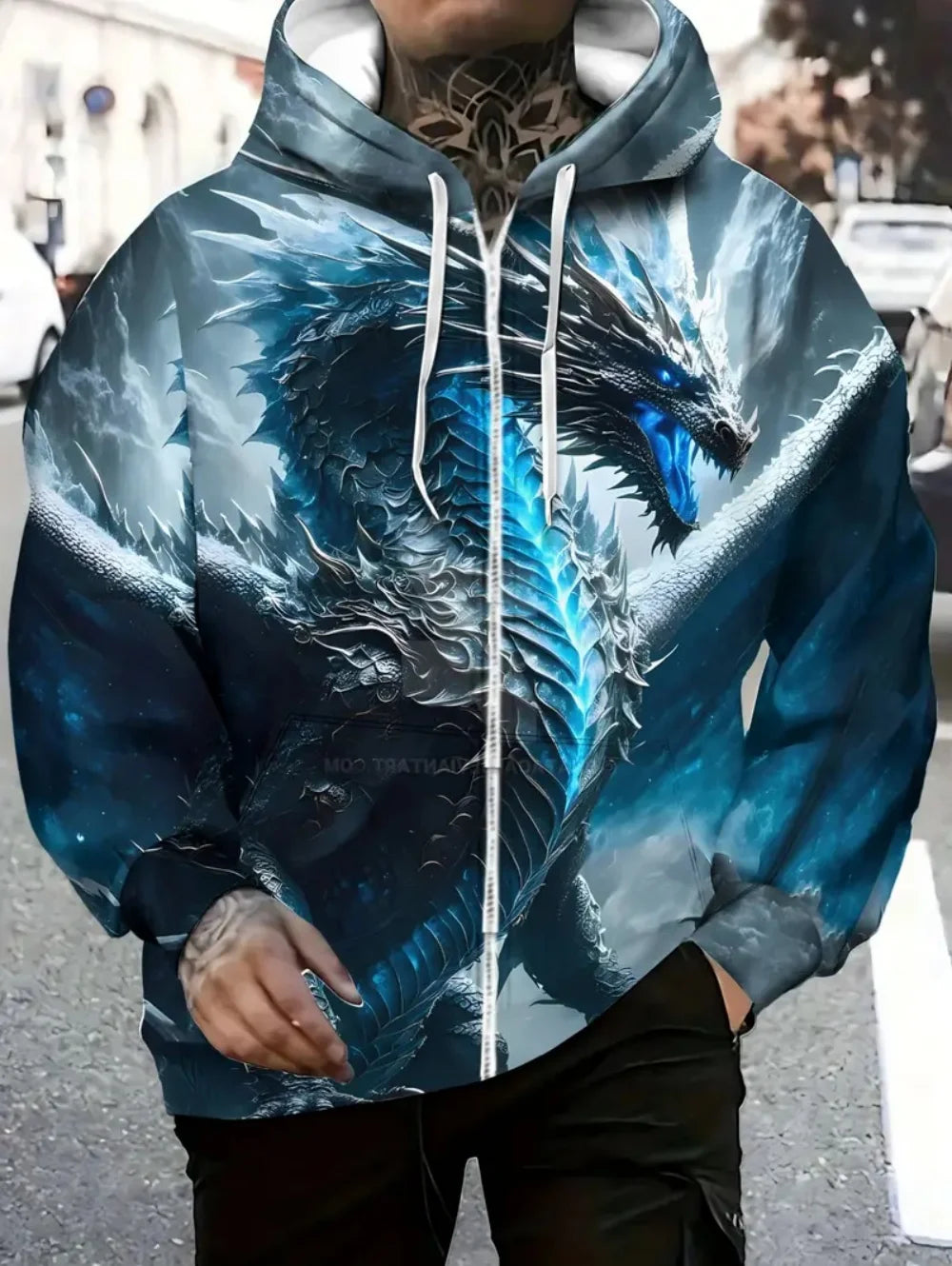 Mens Dragon Print Zipper Hoodie Outdoor Activities Travel Drawstring Long Sleeve Hoodies Autumn Winter Oversize Man Sweatshirts