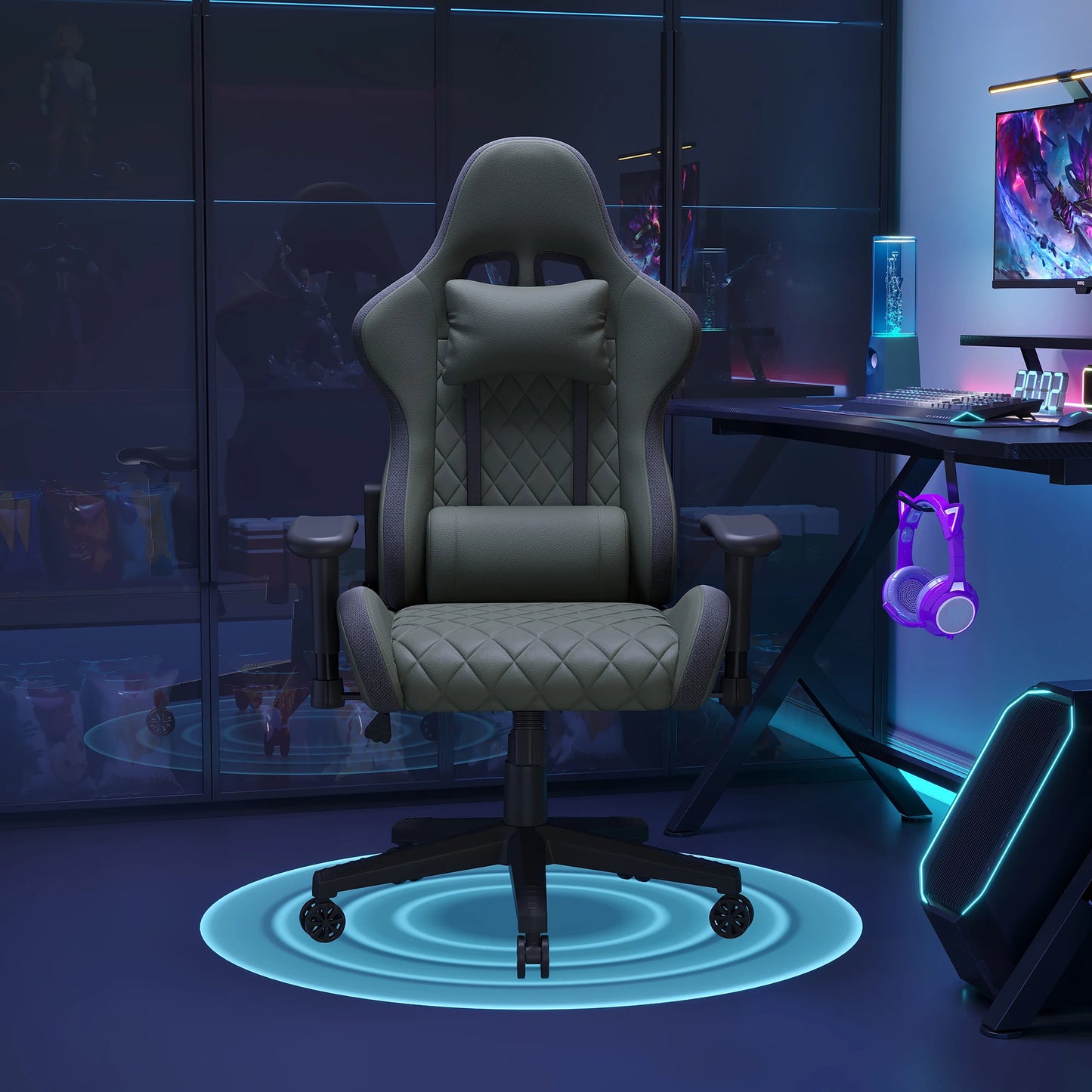 Gaming Chair, Ergonomic Gaming Chair with LED, Adjustable Computer Chair for Teenagers, Lumbar Cushion, Gamer Chair, Black