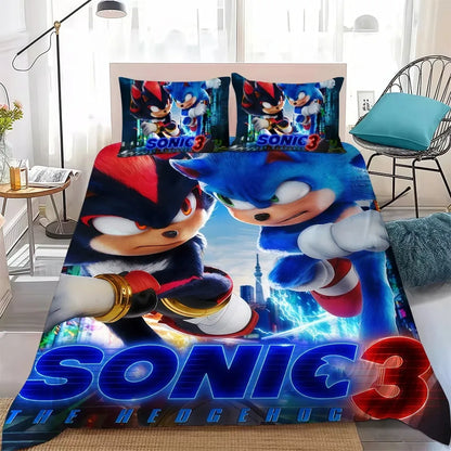 Conjunto de Capa de Edredão The Movie H-Hedgehog S-SonicES 3 em Algodão Lavado Macio, Roupa de Cama Confortável de Verão para Dormitório de Estudante e Casa, 2/3 Peças