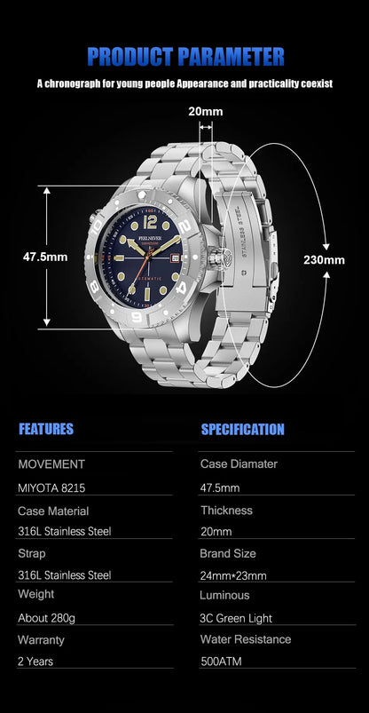 FeelNever Top Brand Luxury Mechanical Watch Profession Casual Sport Stainless Steel Automatic Men's Watches Fashion Wristwatches