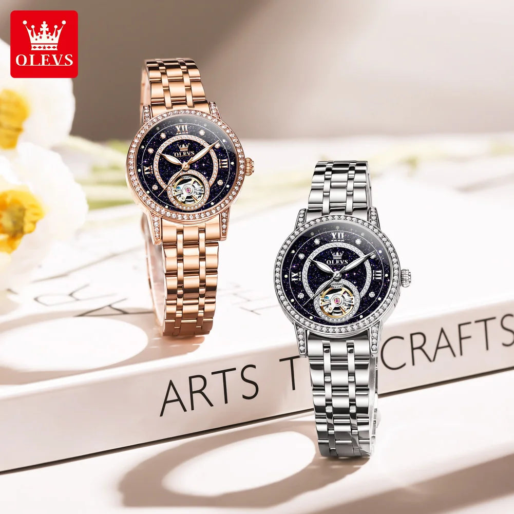 OLEVS Brand Fashion Women Mechanical Watches Starry Sky Dial Diamond Automatic Wristwatch Ladies Waterproof Luminous Clock Women