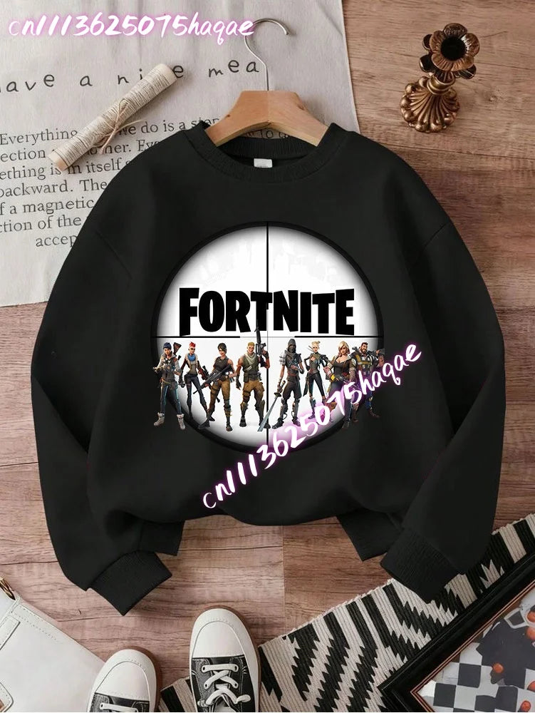 Sweat-shirts Fortnite novos para criança, hoodie com estampado de personagens de jogo em estilo cartoon, tops casuais de outono para criança, roupa de inverno para bebé menino