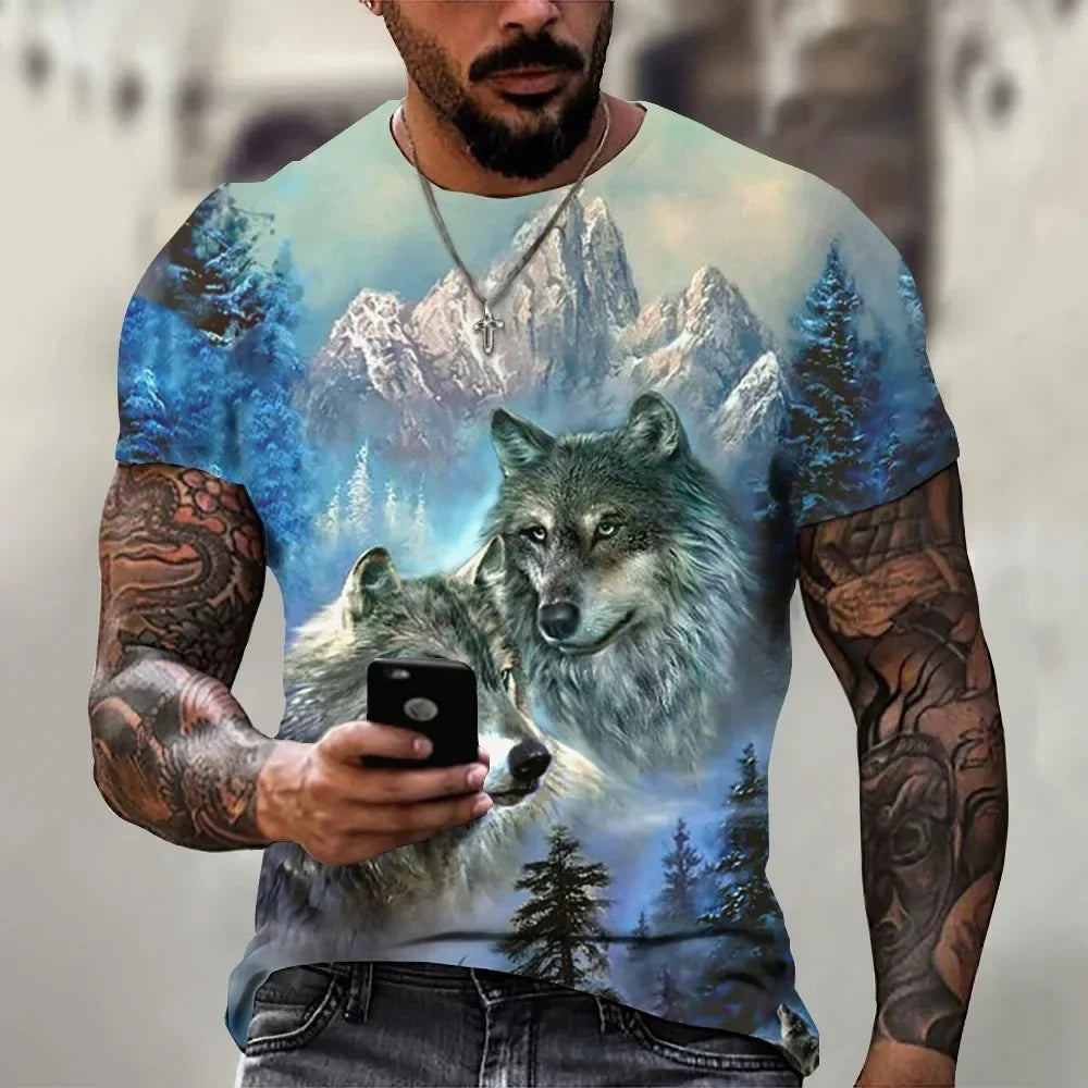New Fashion Men's Wolf Roar Graphic T Shirt Summer Casual Round Neck T-shirt Trend Street Man Clothes Daily Loose Tops