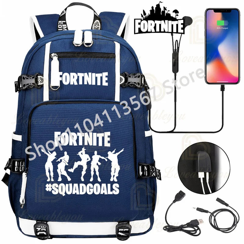 Mochila Yule Trooper F-Fortnited Battle Royale com carregamento USB, figuras anime e compartimento para material escolar para estudantes