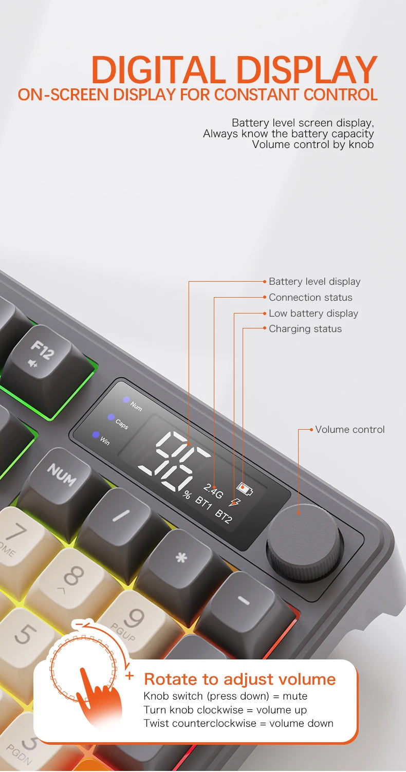 M96 Bluetooth Wireless Keyboard FREEWOLF Digital Display, RGB Backlight, 2000mAh Battery & PBT Keycaps for PC/Laptop