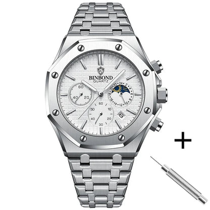 BINBOND 0161 Brand Man Quartz Watch Luxury Luminous Chronograph Wristwatch Stainless Steel Waterproof Men Date Calendar Clock