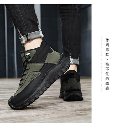 Men'S Black And White Mid Top Hiking Boots Waterproof Leather Platform Sneakers Non Slip Outdoor Casual Shoes With Rugged Sole