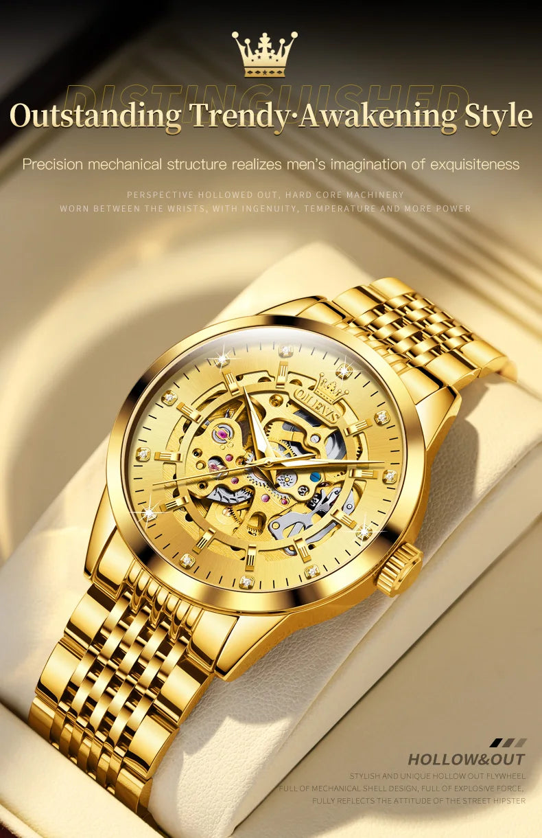 OLEVS 9920 Original Skeleton Men's Watches Solid Stainless Steel Waterproof Luminous Man Watch Luxury Automatic Mechanical Watch