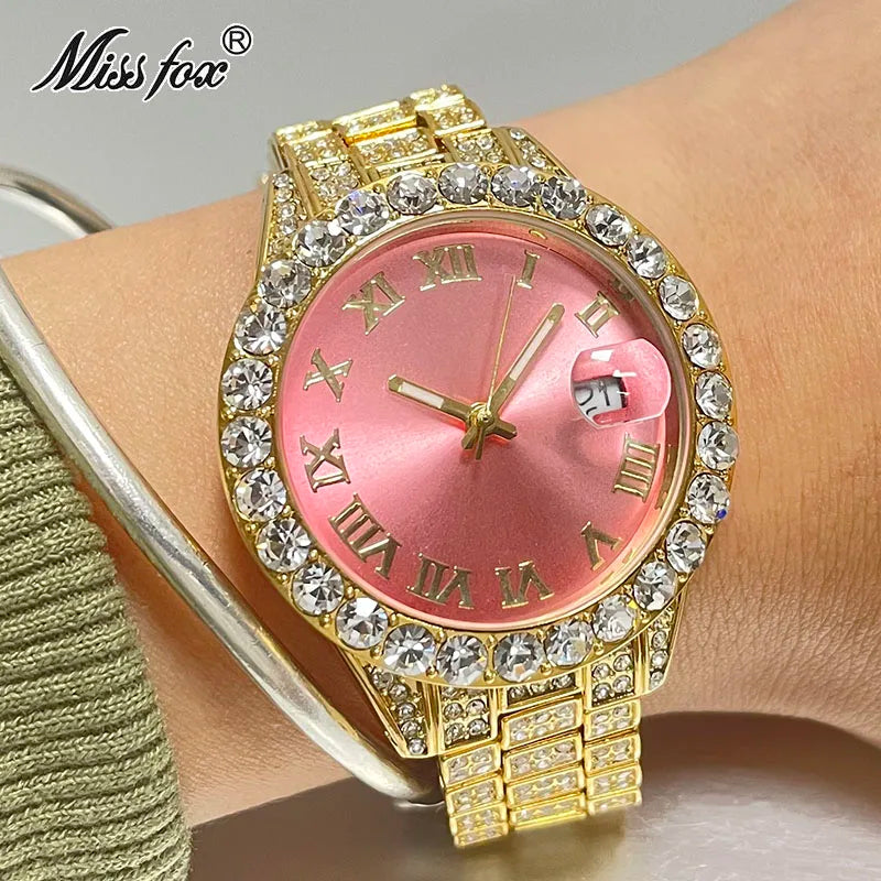 Luxury Jewelry Watch For Women Hip Hop Brand MISSFOX Fashion Waterproof Iced Diamond Quartz WristWatch Ladies Gift Hot Sale