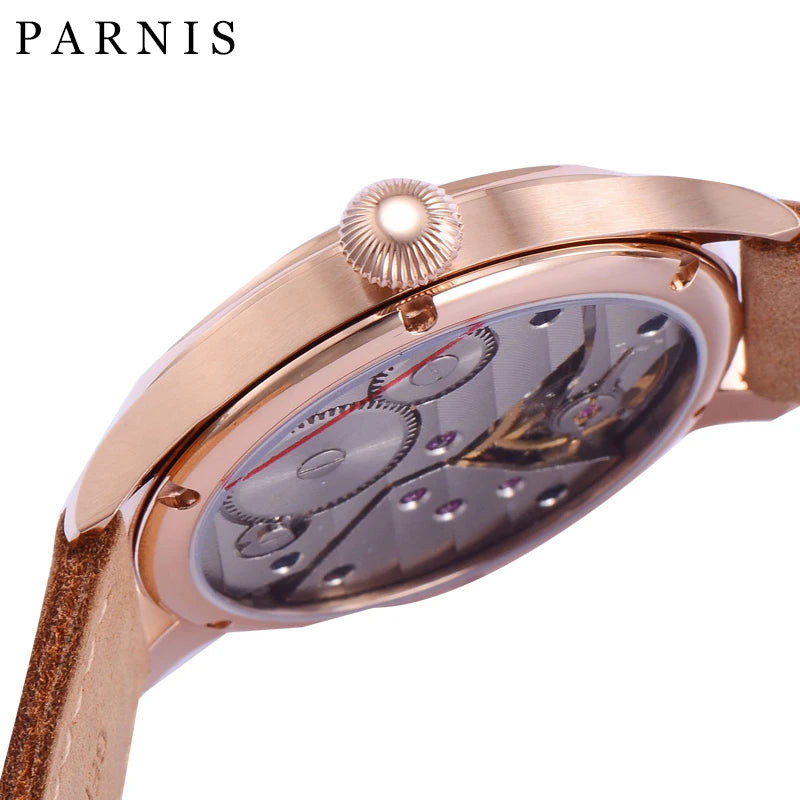 Vintage PARNIS Mechanical Hand Winding Watch Men Gold 44mm Steel Wristwatch Sport 17 Jewels 6497 Movtt Khaki Band Glass Back