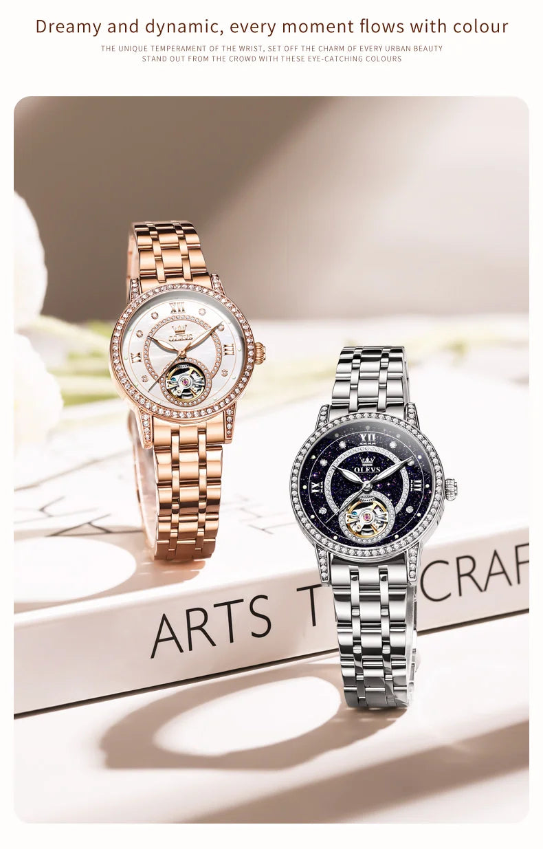 OLEVS Brand Fashion Women Mechanical Watches Starry Sky Dial Diamond Automatic Wristwatch Ladies Waterproof Luminous Clock Women