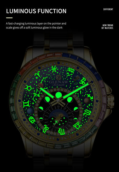 GLENAW Watches Original Design Diamond Constellation Rotating Dial Stainless Steel Luxury Men's Automatic Mechanical Watch P8719