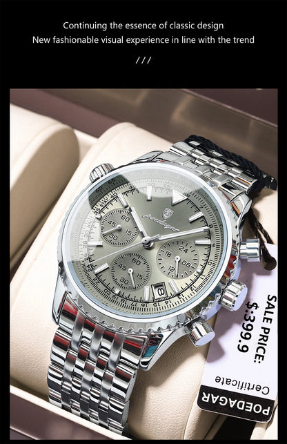 POEDAGAR Fashion Men's Quartz Watch Stainless Steel Waterproof Luminous Man Watch Chronograph Date Multifunction Watches For Men