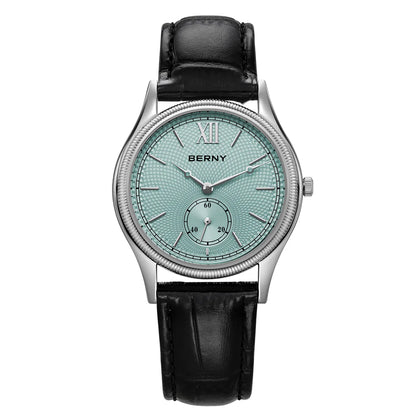 BERNY Watches for Men Luxury Slim Classic Stylish Dress Quartz Watch Stainless Steel Case Elegance Leather Band Wristwatch