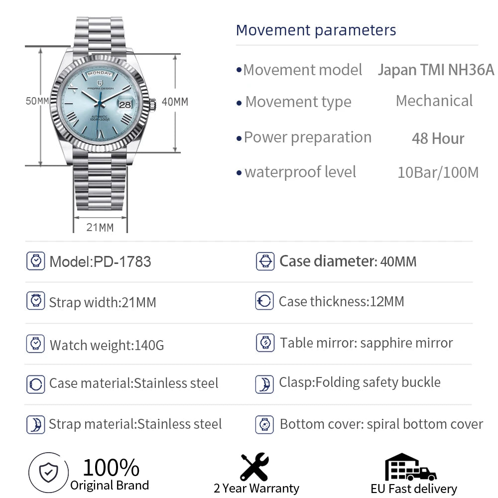 PAGANI DESIGN 2026 New Gold Green 40MM Date Week Men's Watches Automatic Watch Men AR Sapphire Glass NH36A Mechanical Wristwatch