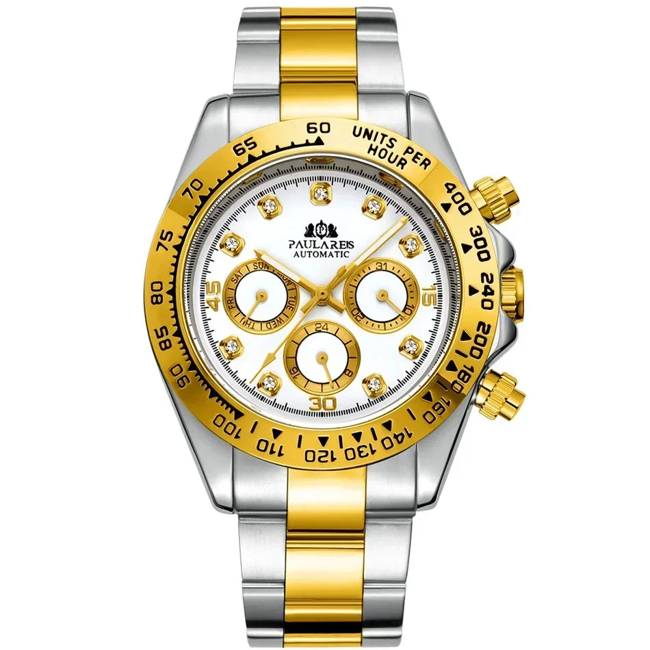 Automatic Mens Watch Mechanical Self Wind Movement Gold Black Stainless Steel Diamonds Stone Sports Luxury Fashion Watches